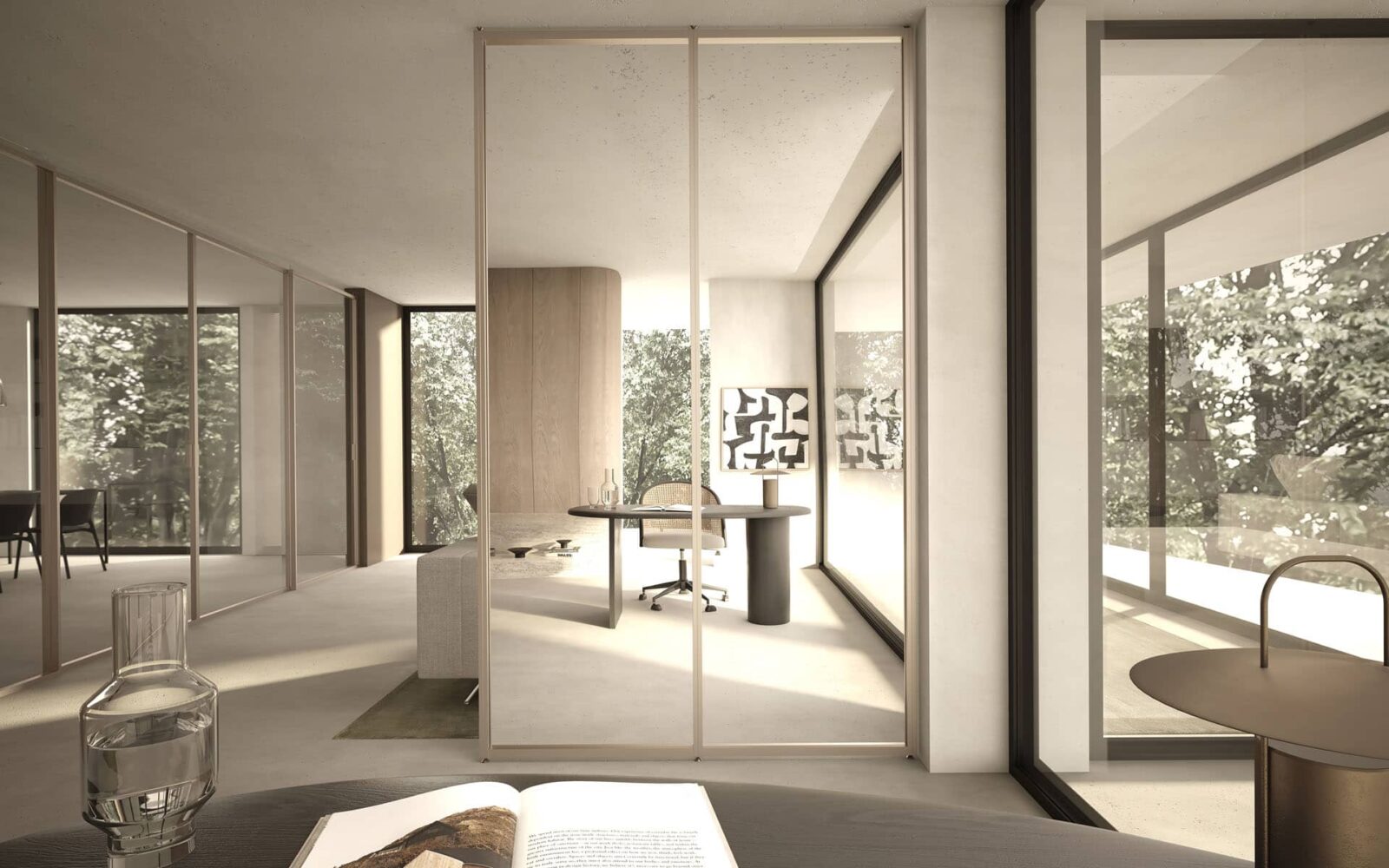 Altea Infinity partition wall with champagne finish edge and bronze Stopsol glass. This glass is defined as transparent-reflective. This partition wall is located inside a modern living room during the day.