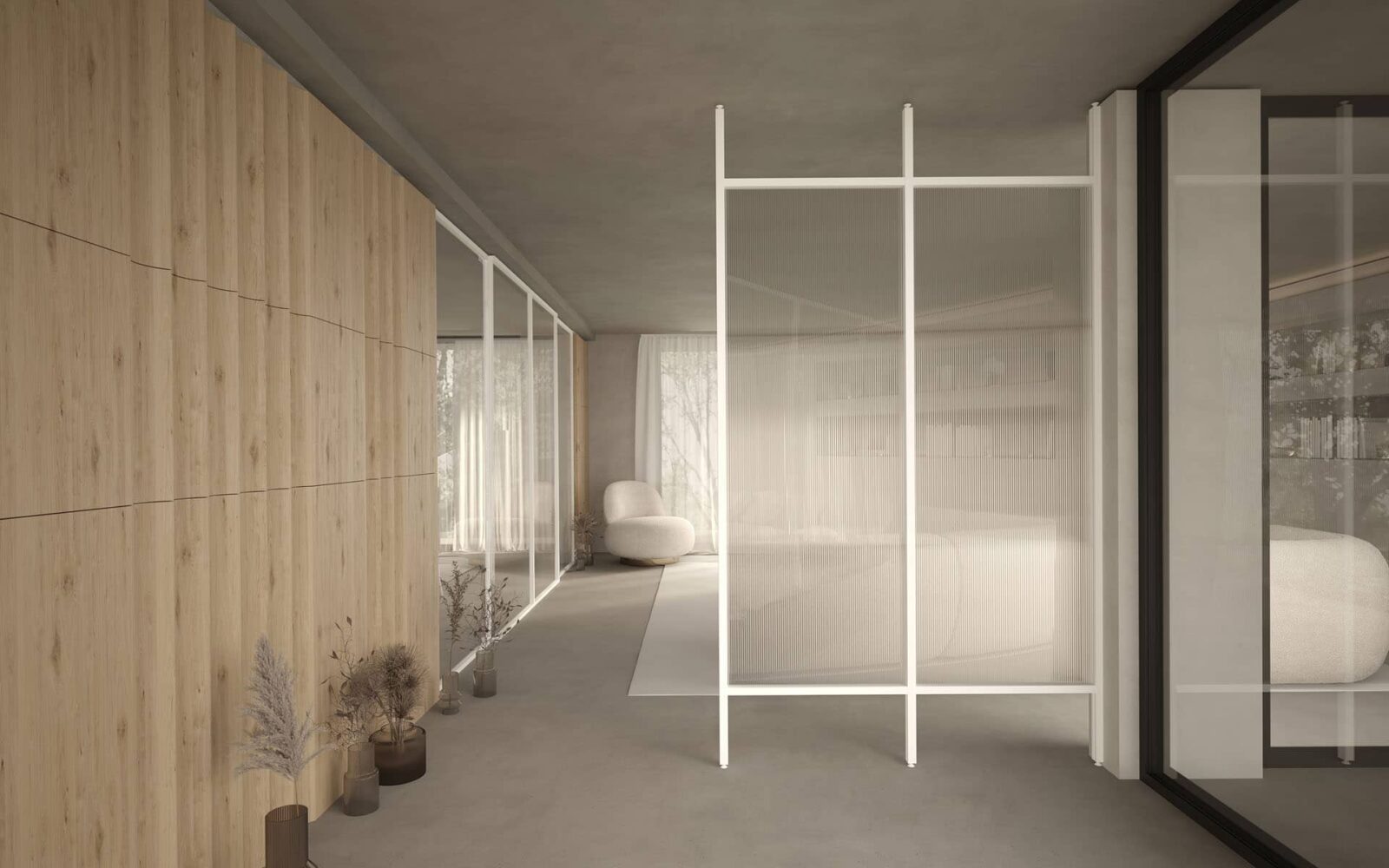 Altea Smart partition wall with side uprights made to variable heights, so that they can be adjusted according to the room in which they are installed.